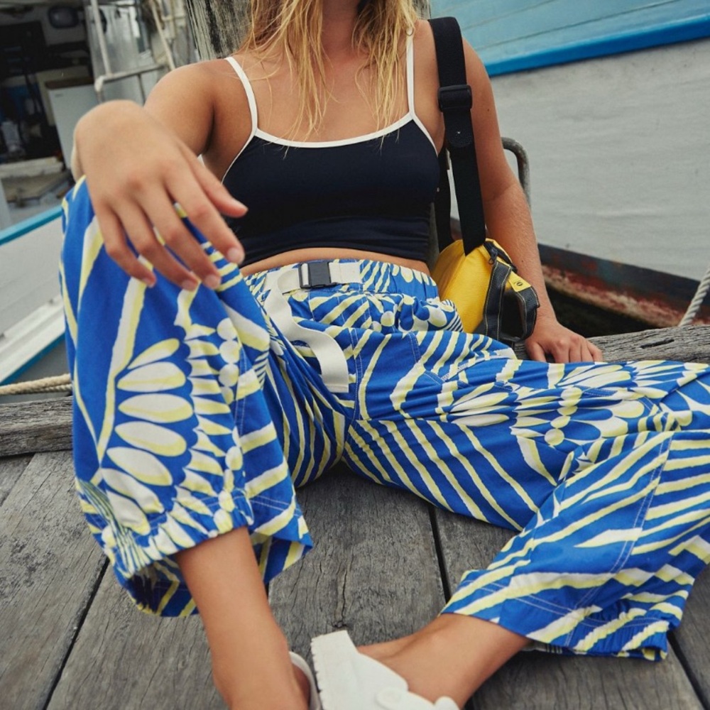 FP Movement by Free People Blue & White Printed Wide-Leg Pants
